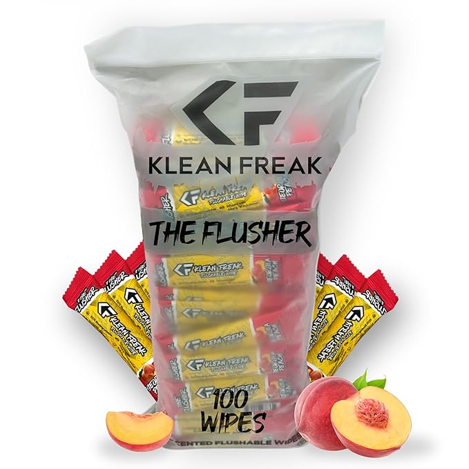 The Klean Freak Flusher - 100 Pack Flushable Wipes for Adults & Kids, Unscented/Scented, 100% Biodegradable, Individual Wrapped Travel Wet Wipe for Toilet - Georgia Peach