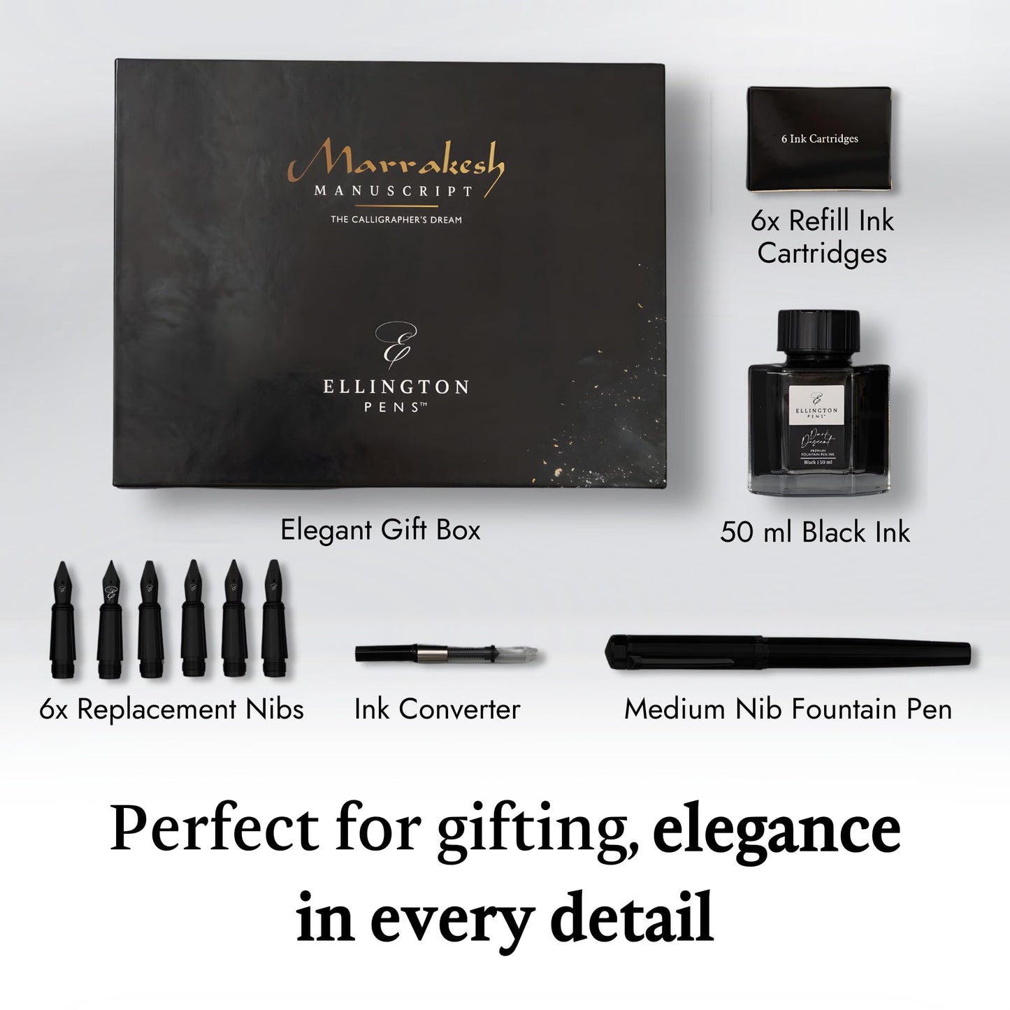 Ellington Pens Luxury Calligraphy Set - Premium Fountain Pen with 6 Nibs, 50 ml Black Ink Bottle, 6 Cartridges, Converter, Elegant Gift Box – Perfect for Drawing, Writing, Gifting (The Stealth)
