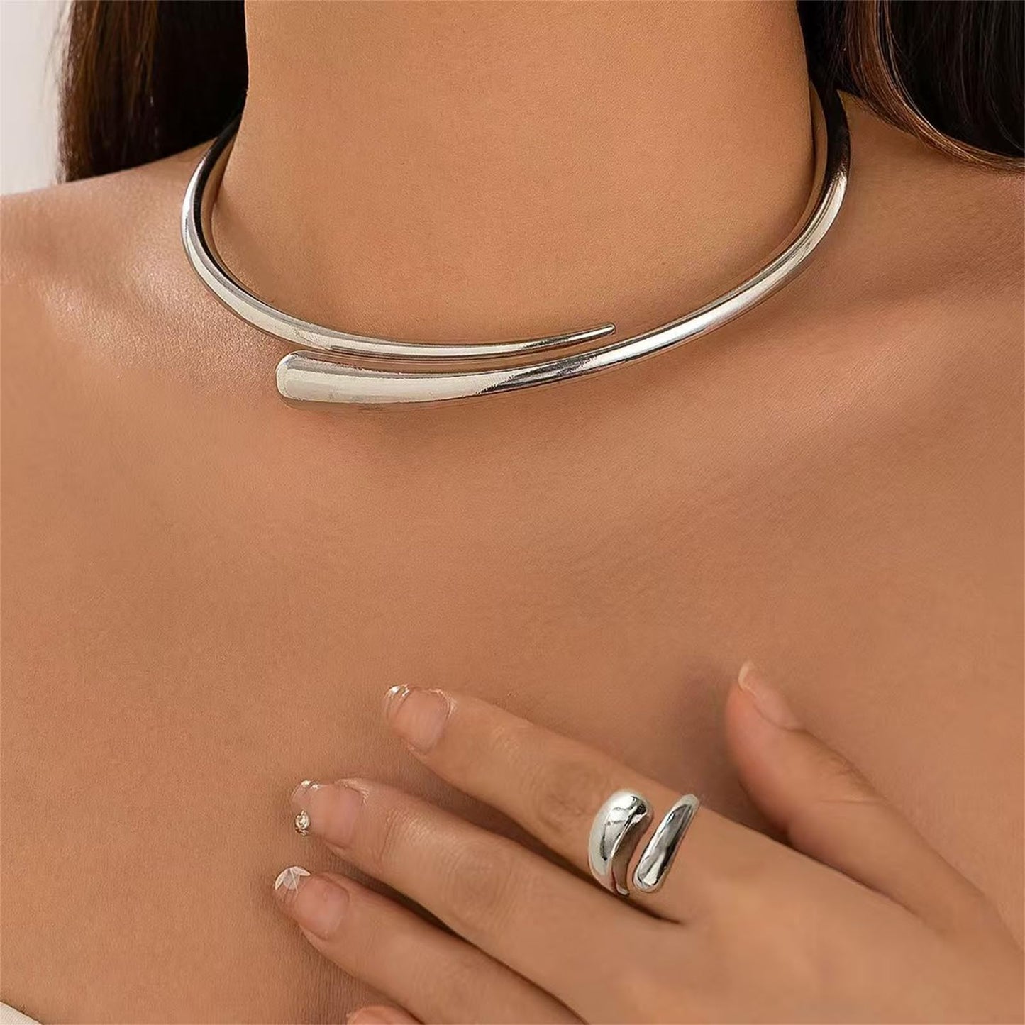 Hcrohihit Chunky Thick Cuff Bangle Bracelet for Women,Minimalist Adjustable Open Cuff Bracelet and Ring Collar Set,Polished Statement Cuff Bangle,Fashion Jewelry (C Silver)