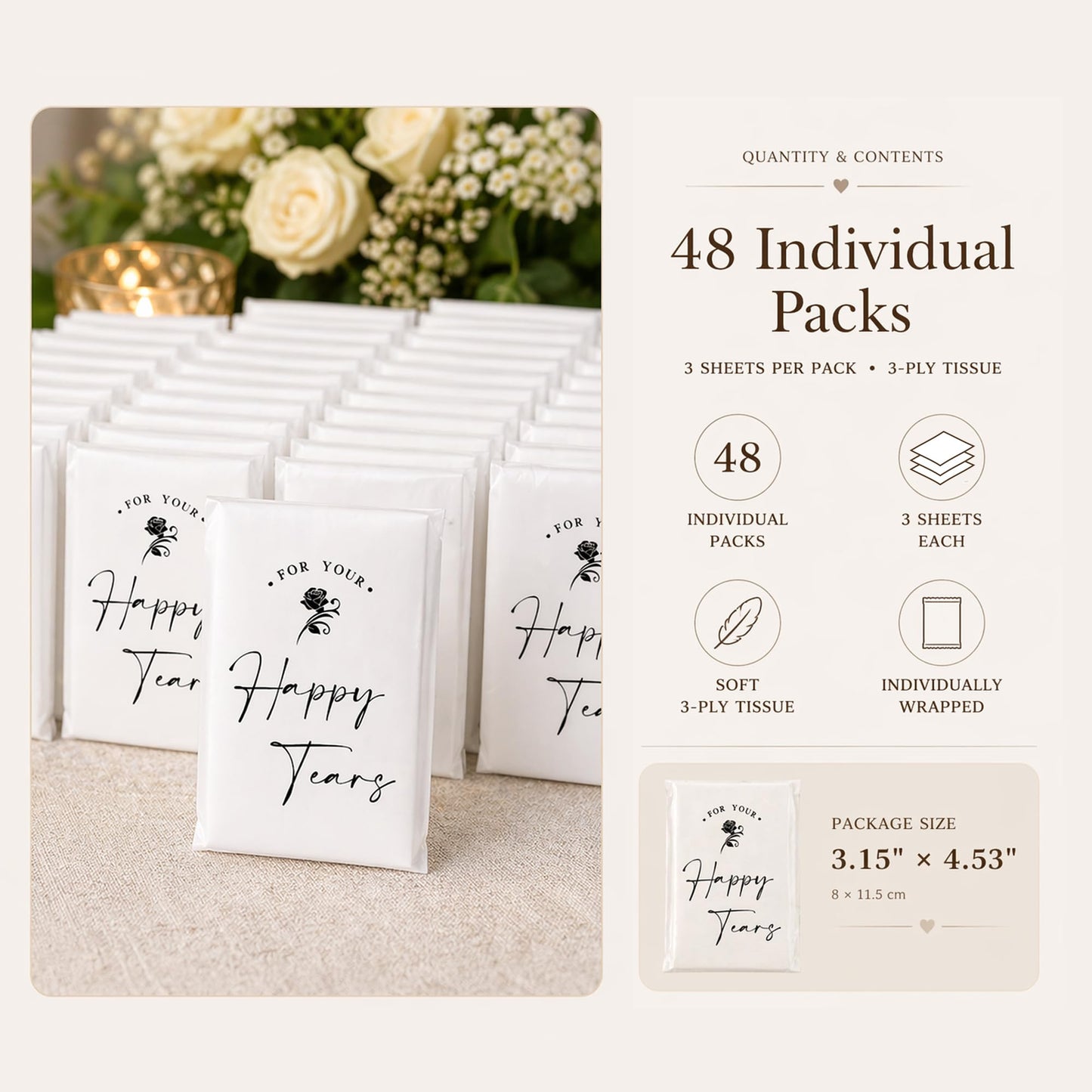 DORIS HOME Happy Tears Tissue Packs, 48 Count, 3-Ply Individual Facial Tissues for Wedding Guests, Ceremony, Reception, Bridal Shower