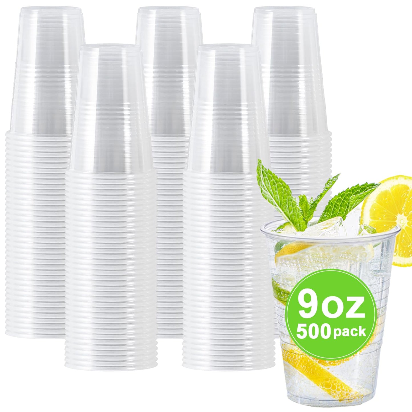 Clawsoff 500 Pack 9 oz Plastic Cups, Disposable Drinking Cups, Water Cups Plastic Clear Cups for Party, Wedding, Graduation, Travel, Holiday, Events, Birthday,Cold,Hot
