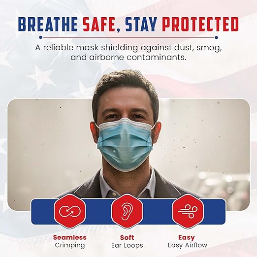 Amerishield ASTM Level 2 Disposable Face Masks, 3-Layer, Comfortable Fit, Made in USA, 50 Pack