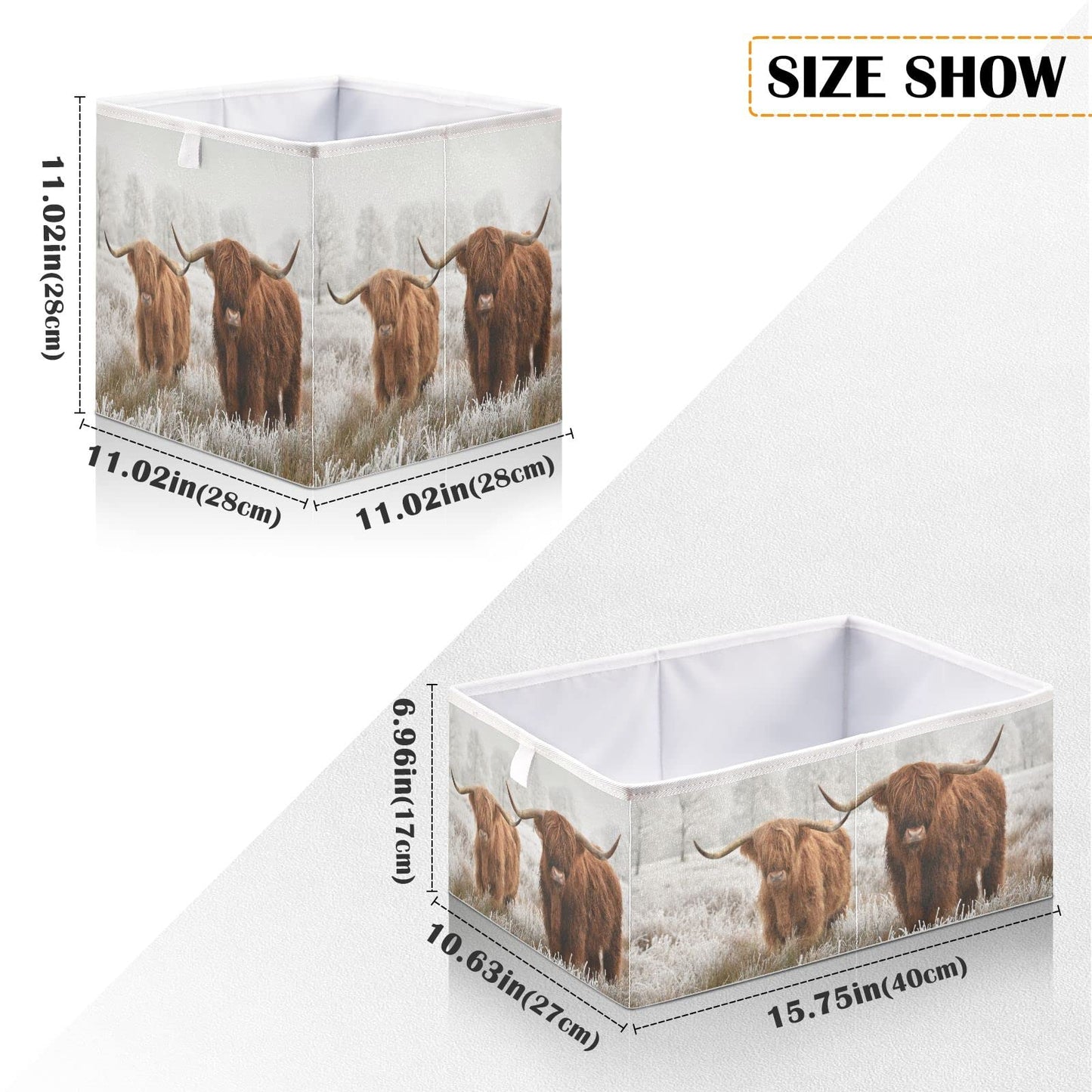 Ollabaky Highland Cow Storage Bin, Foldable Fabric Cube Basket Cloth Organizer Box With Handle for Closet Shelves, Nursery Toy Bin - S