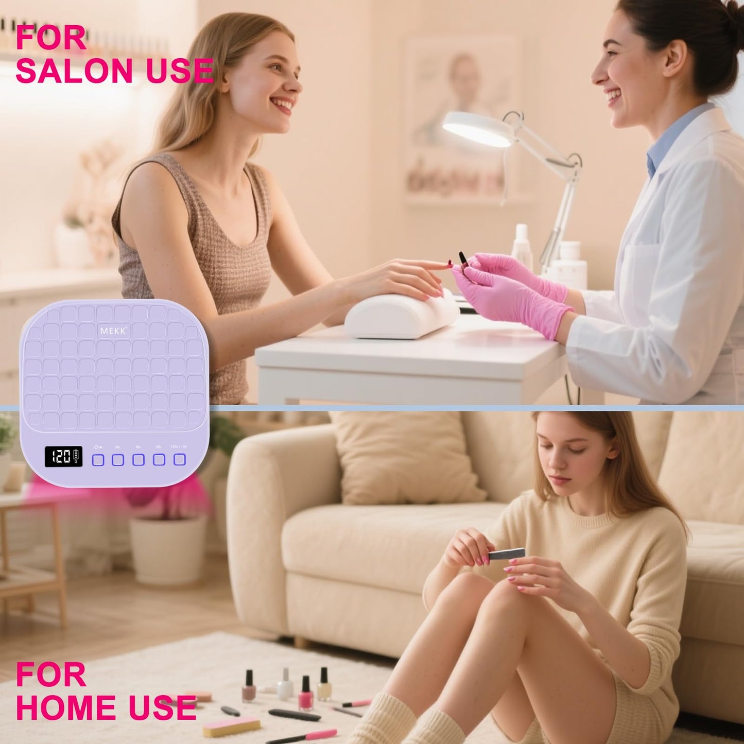 MEKK Cordless UV LED Nail Lamp, 54W UV Light for Gel Nails with Hand-Friendly Red Light, Auto Sensor Professional Flash Cure Lamp with Rotatable LCD Display for Salon and Home, Checkered Design-Purple