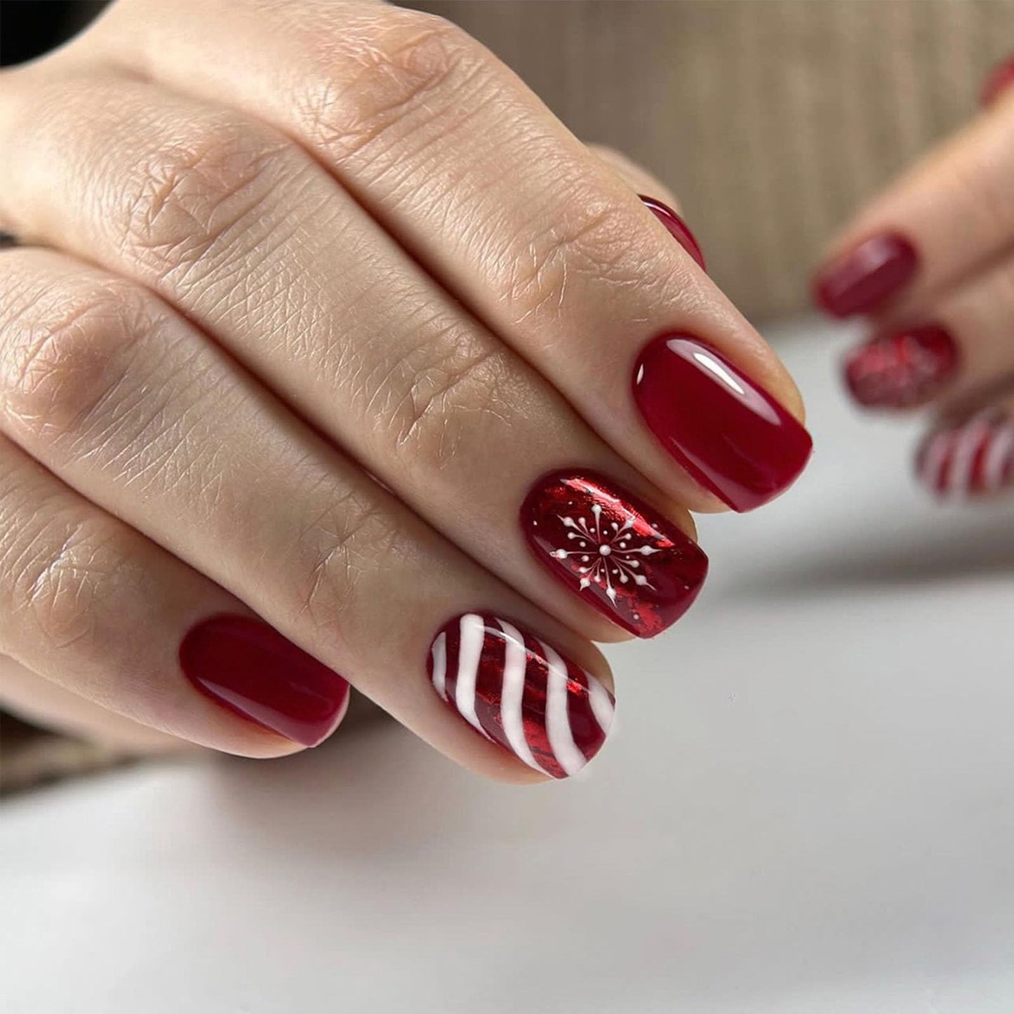 Christmas Red Press on Nails Short Square Fake Nails Winter Xmas Glue on Nails Snowflake Candy Stripes Nails Press ons Glossy Stick on Nails Christmas Acrylic Nails for Women 24 Pcs