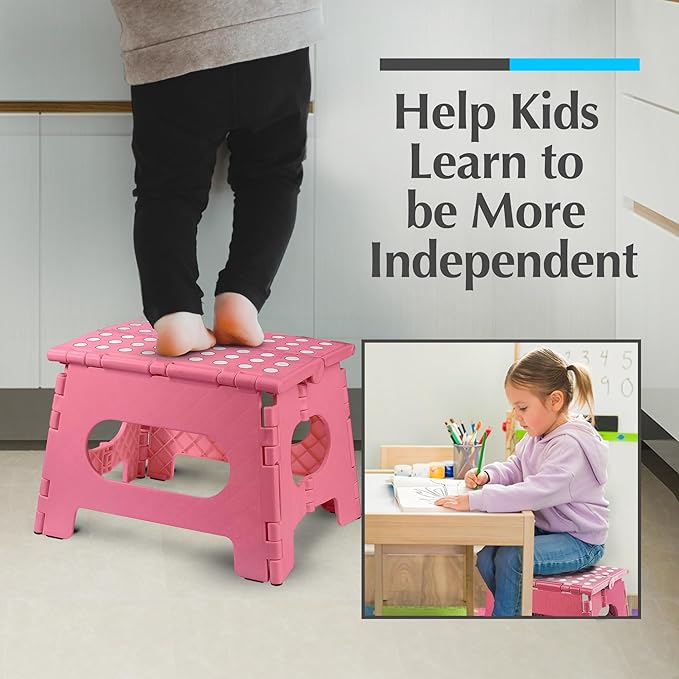 Handy Laundry Folding Lightweight Step Stool - Sturdy Enough to Support Adults and Safe Enough for Kids - Opens Easy with One Flip - Great for Kitchen, Bathroom or Bedroom (Pink - 9 Inch)