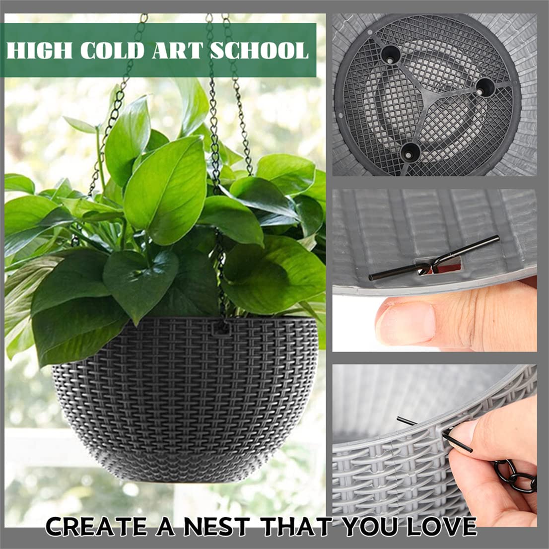 Hanging Planter, Plastic Flower Pot Plant Holder with Chain Indoor Outdoor Plants Pot Container Baskets, 8.7 inches Gray