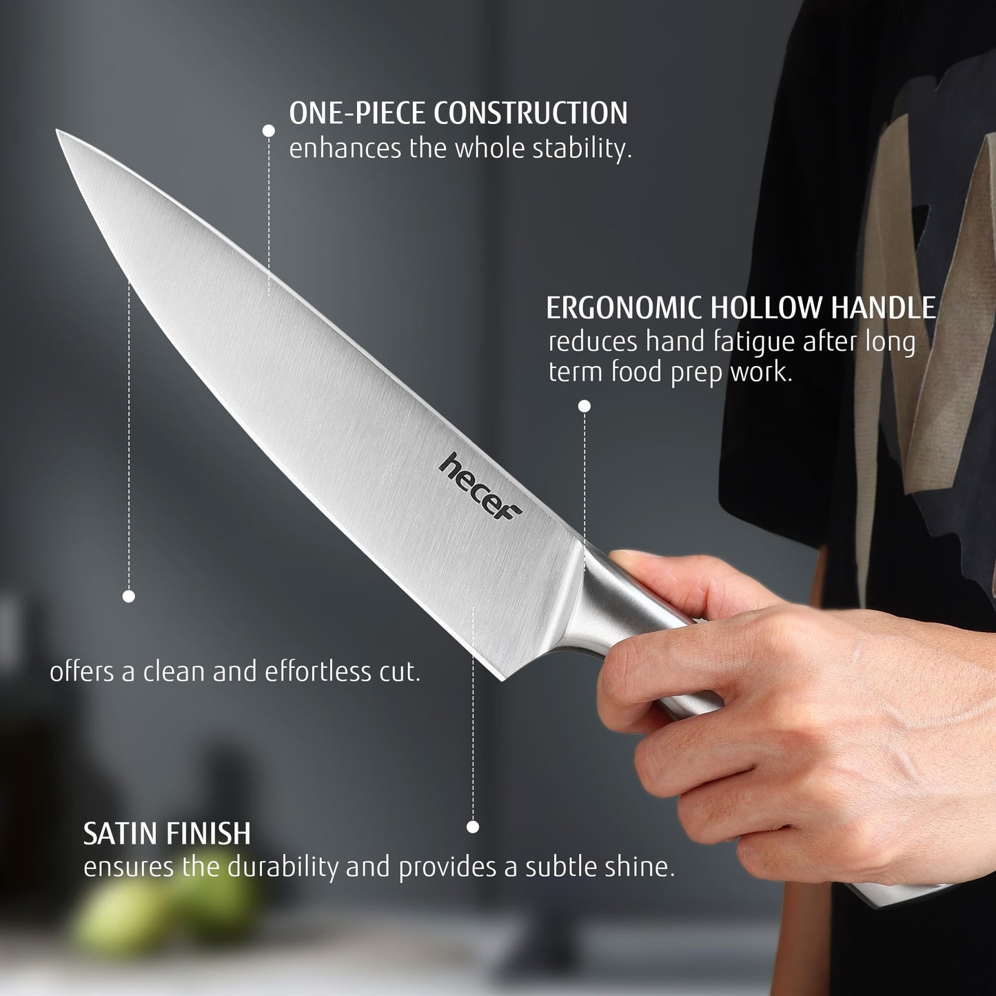 hecef Silver Kitchen knife set of 3, Satin Finish Blade with Hollow Handle, includes 8" Chef, 5" Utility and 3.5" paring knife