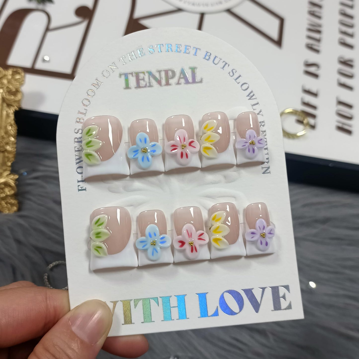 TENPAL Handmade Duckbill Press on Nails Kits with Tools- White French Tips Fake Nails with 3D Embossed Florals, Glossy Acrylic Soft Gel Removable False Nails for Women Daily Wear(L)