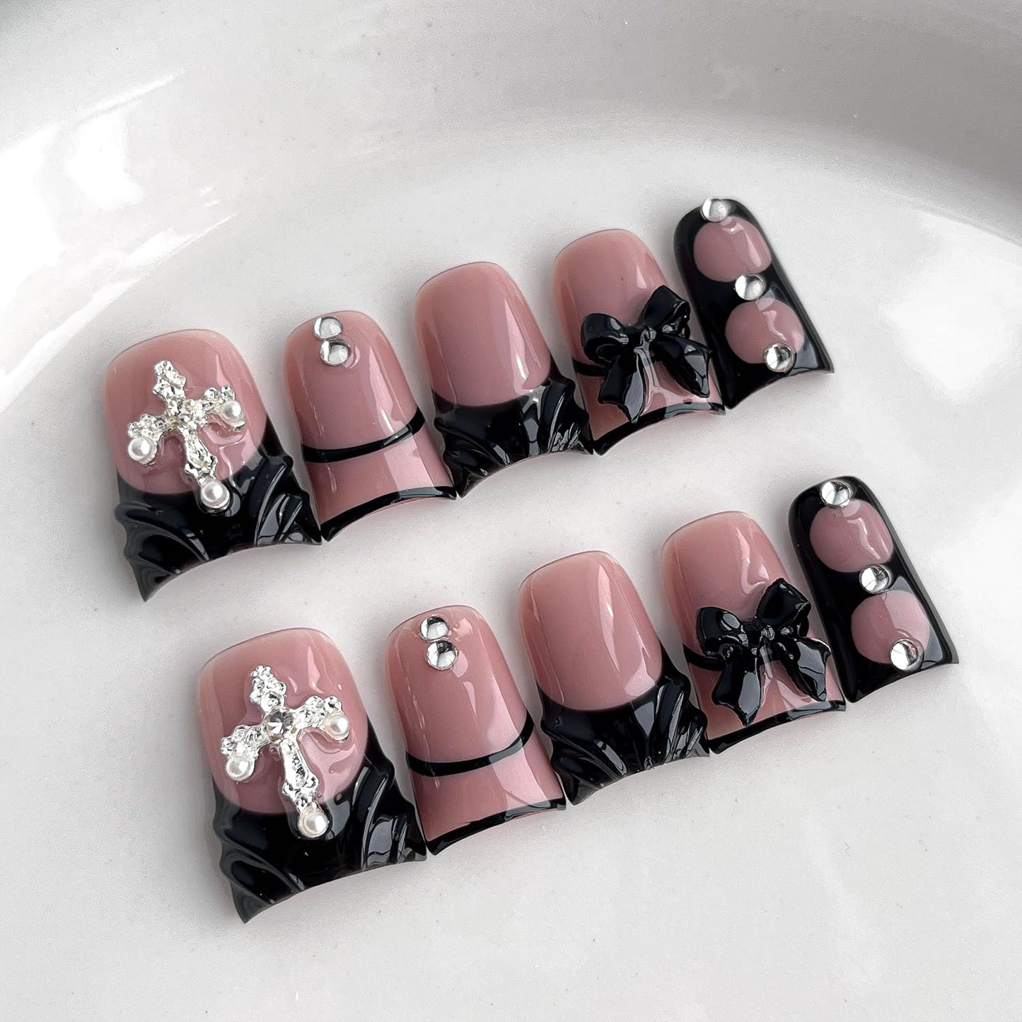 French Tip Press on Nails Handmade Short Duck 3D Thick Acrylic Nails Black False Nails with Bow Water Ripple Rhinestones Designs Gothic Glossy Fake Nail Sturdy Art Press on Nail 10Pcs(M)