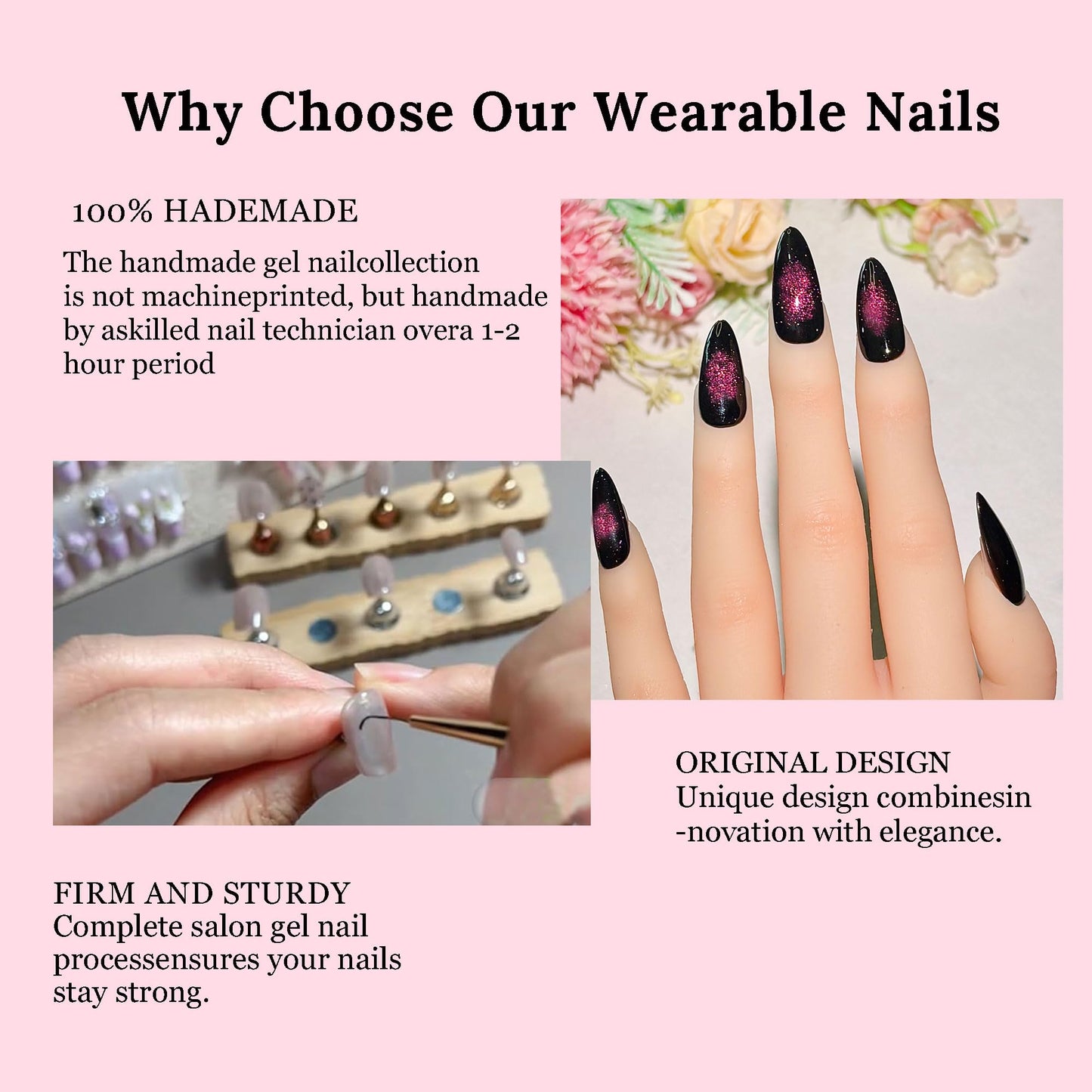 Handmade Holographic Cat Eye Press on Nails Medium Almond-Dark Fake Nails Press Ons Chrome Black, Reusable cat eye press on nails (M, 02)
