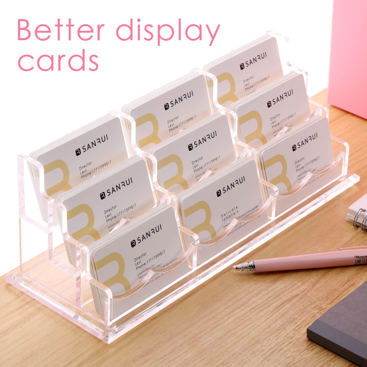 SANRUI Clear Horizontal Business Card Holder Stand for Desk, Acrylic Desktop Display Name Cards Holders Organizer Storage Rack,for Exhibition, Home, Office,3 Tier 9 Pocket, 540 Card Capacity