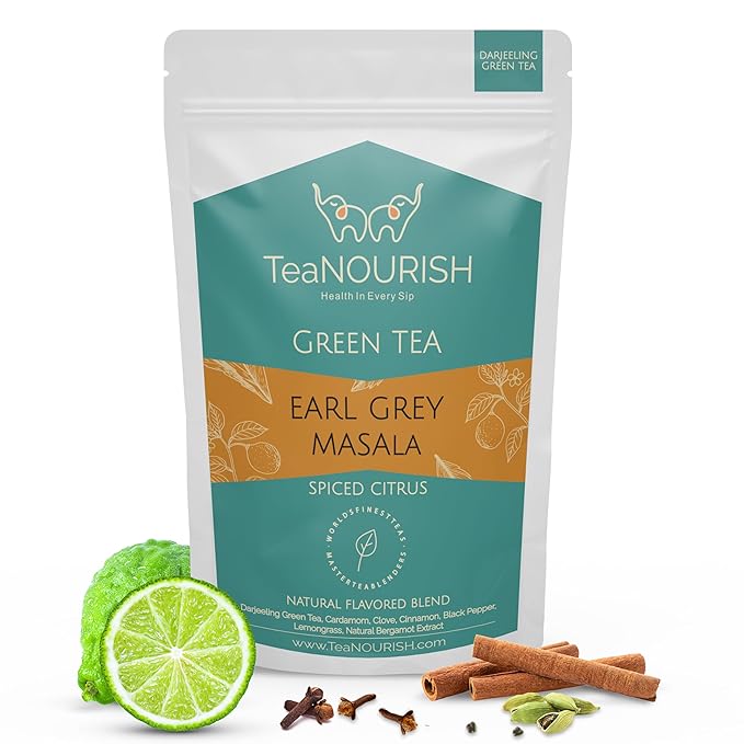 TeaNOURISH Earl Grey Masala Green Tea | Spiced Citrus | Darjeeling Loose Tea | Blended with Indian Aromatic Spices enriched with Bergamot extract | 50 Cups Hot or Iced - 3.53oz/100g
