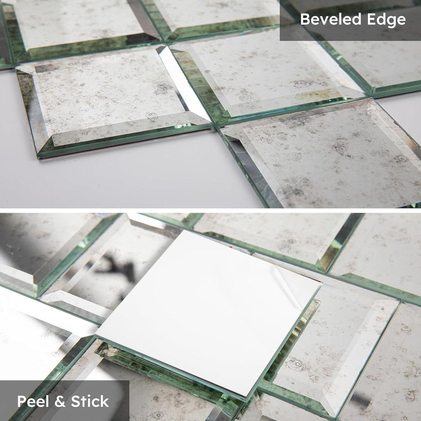 Diflart Peel and Stick Mirror Backsplash, Light Antique, 3x3 Inch, Beveled Mirror Square Kitchen Bar Wall Tile (2 Sq.ft, 32 Pcs)