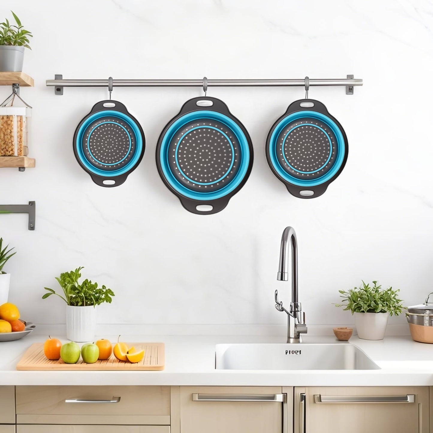 Cluren Collapsible Colander 3-Pack Set Space-Saving Foldable Kitchen Strainer with Non-Slip Base Durable Thickened PP+TPE Collapsible Strainers for Pasta, Vegetables, Fruits (Gray-Blue)