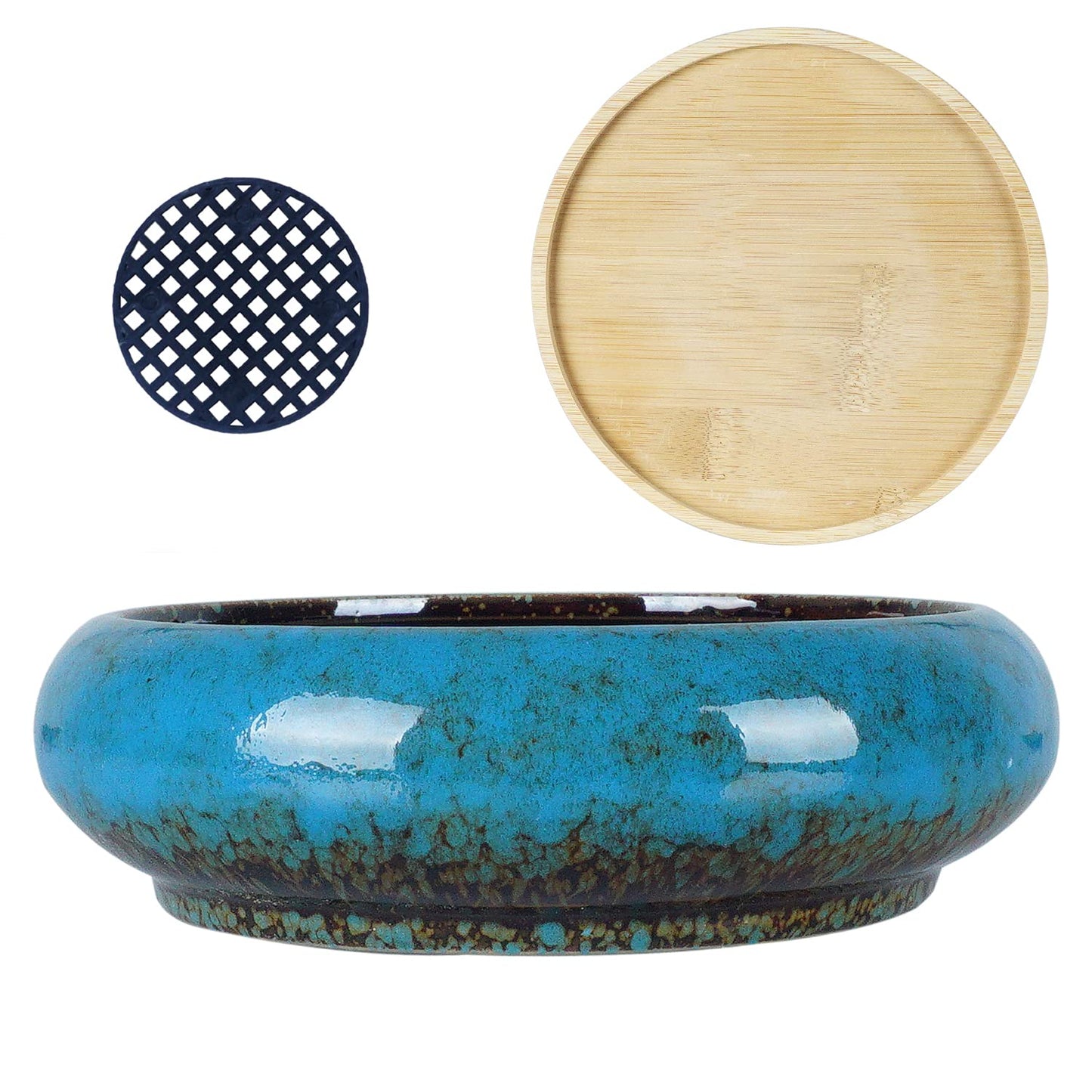 ARTKETTY Succulent Pots - 7.3 Inch Large Succulent Planters with Drainage Ceramic Bonsai Pots with Bamboo Tray, Shallow Planters for Indoor Cactus Plants Decorative Flower Plant Container