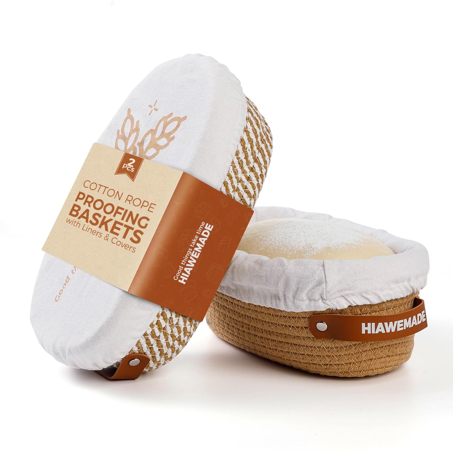 HIAWEMADE Banneton Bread Proofing Basket, Natural Cotton Rope Bread Baskets with Reusable Liners & Dust Covers, Artisan Sourdough Bread Baking Supplies, 2pcs - 10" Oval