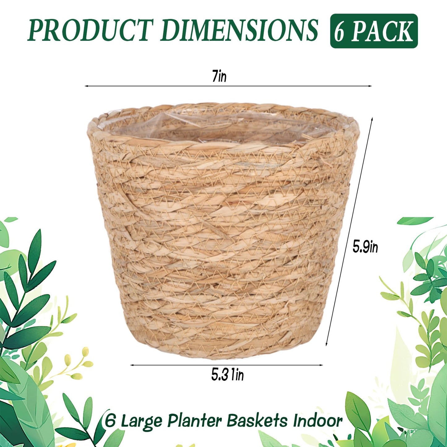 EYUNSTAR 6 Pack Seagrass Planter Basket for Indoor Plants, 7 Inch Woven Plant Pot Cover with Leak-Proof Liner, Rustic Boho Flower Container for Home Decor, Organizing, and Concealing Nursery Pots