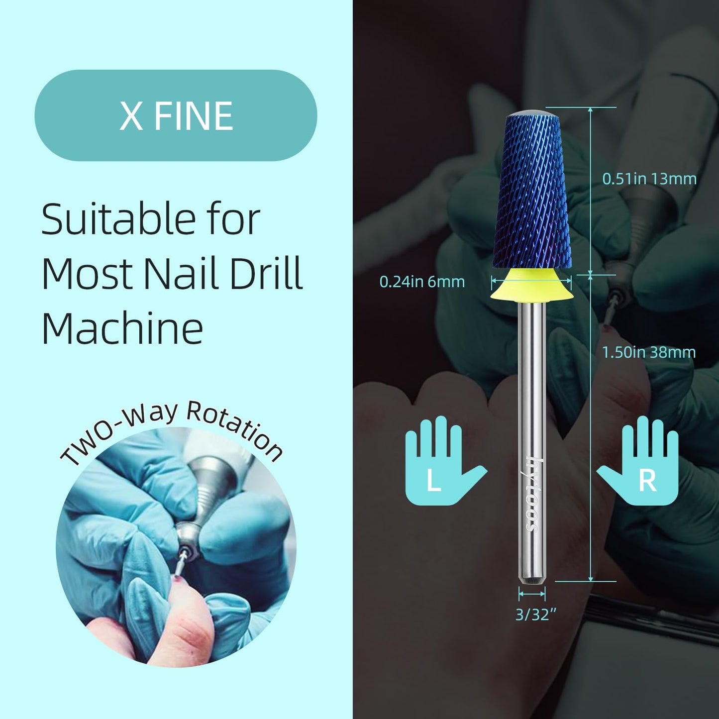 HYTOOS Safety Tapered Nail Drill Bits, XF Blue Nano Smooth Top Barrel Nail Bit, 3/32 Two-way Carbide Drill Bits for Nails, Electric Drills Files Accessories Removal Manicure Base Coat