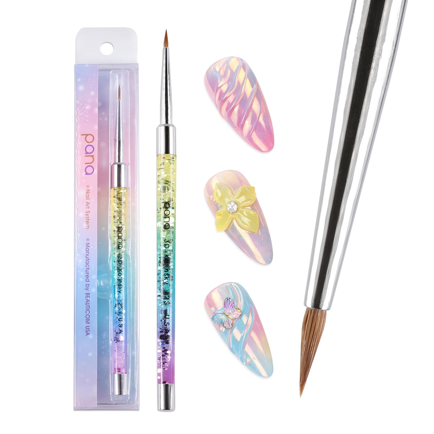 PANA Kolinsky 3D Acrylic Nail Brushes with Liquid Glitter Handle - For Professional Acrylic Powder Liquid Manicure Pedicure (Rainbow Color, Size #2)