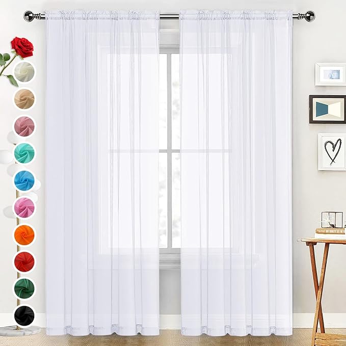 SpaceDresser Sheer Voile Window Treatment Rod Pocket Curtain Panels for Kitchen Bedroom Living Room Drapes Sunlight Filtering Privacy Semi Home Decor Assorted Colors Sizes (Optical White, 52 W x 63 L)