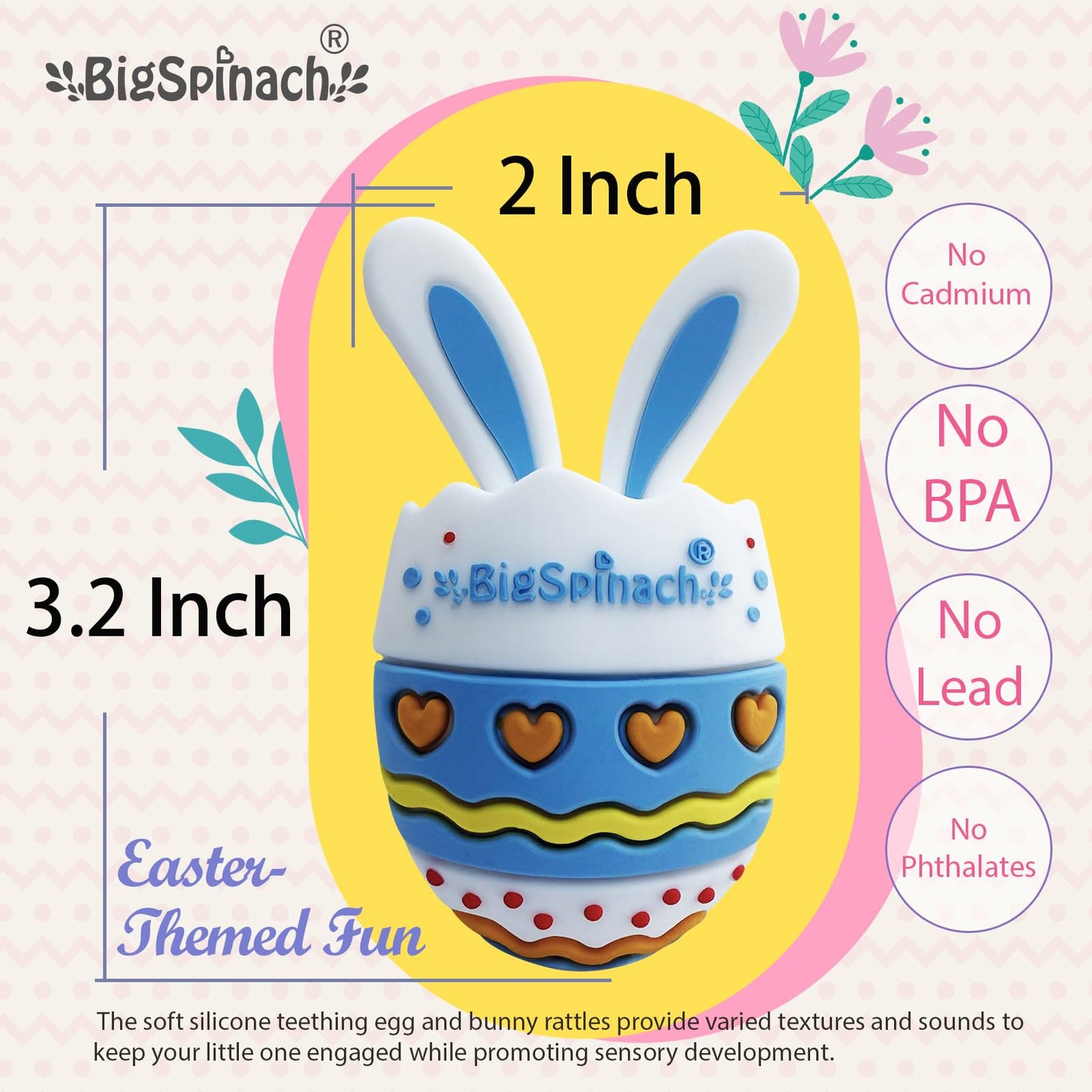 BIGSPINACH Easter Egg Baby Teether,Baby Teething Toy for Pain Relief,Silicone Bunny Rabbit Teether,Easter Gift for Babies,Sensory Toy for Boys & Girl (Blue)