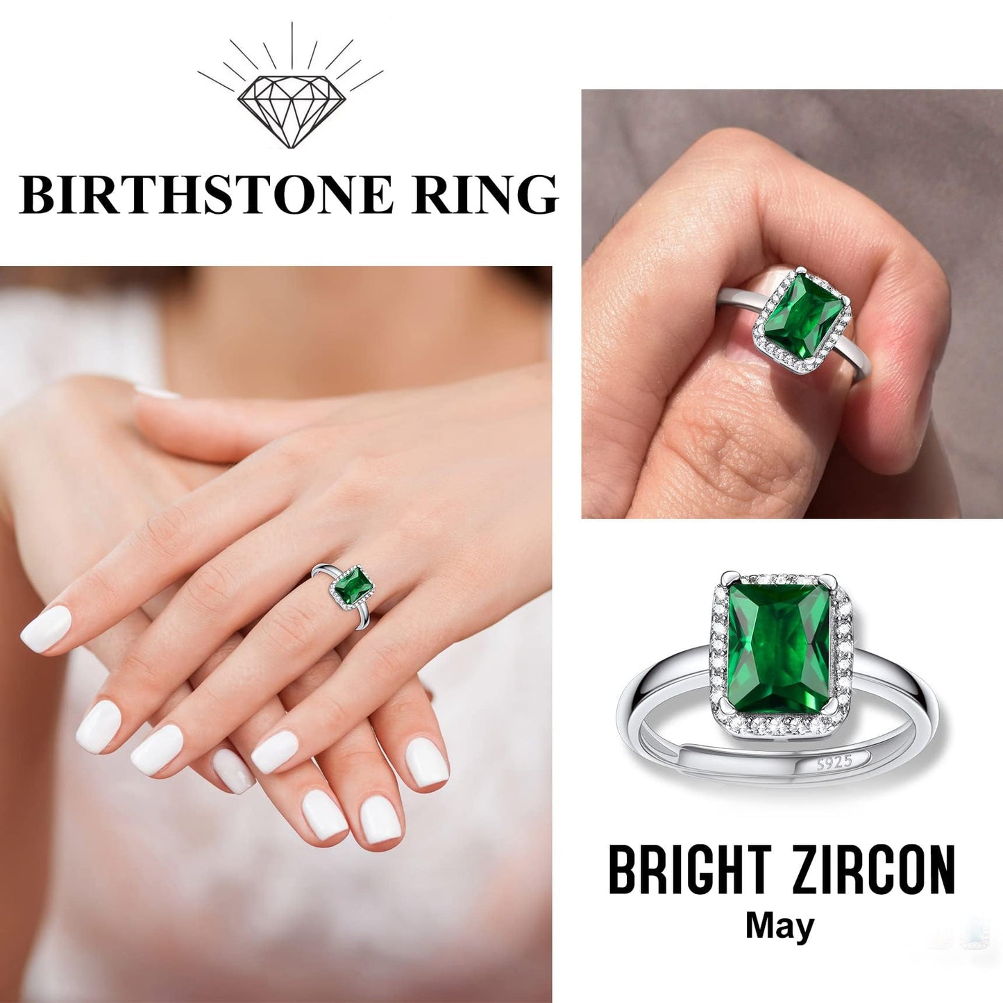 Bestyle Square May Emerald Birthstone Rings Embellished with White Cubic Zirconia Minimalist Sterling Silver Open Band Gemstone Rings for Birthday/Christmas/Party/Anniversary/Wedding
