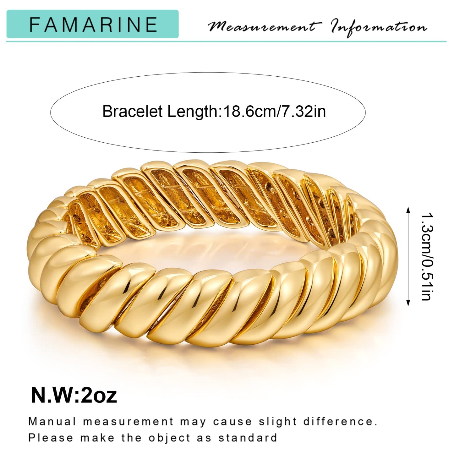 FAMARINE 14K Gold Plated Chunky Bangle Bracelet, Stretchable Elastic Bracelet for Women Men