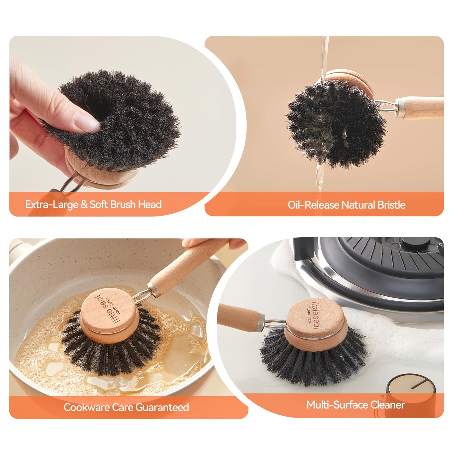 Dish Brush Set of 2, Wooden Handle Natural Bristle Scrubber, Non-Scratch Grease Absorbent for Non-Stick & Cast Iron Cookware, Kitchen Dishwashing Scrub Brush for Cleaning Dishes, Pots, Pans, Sink