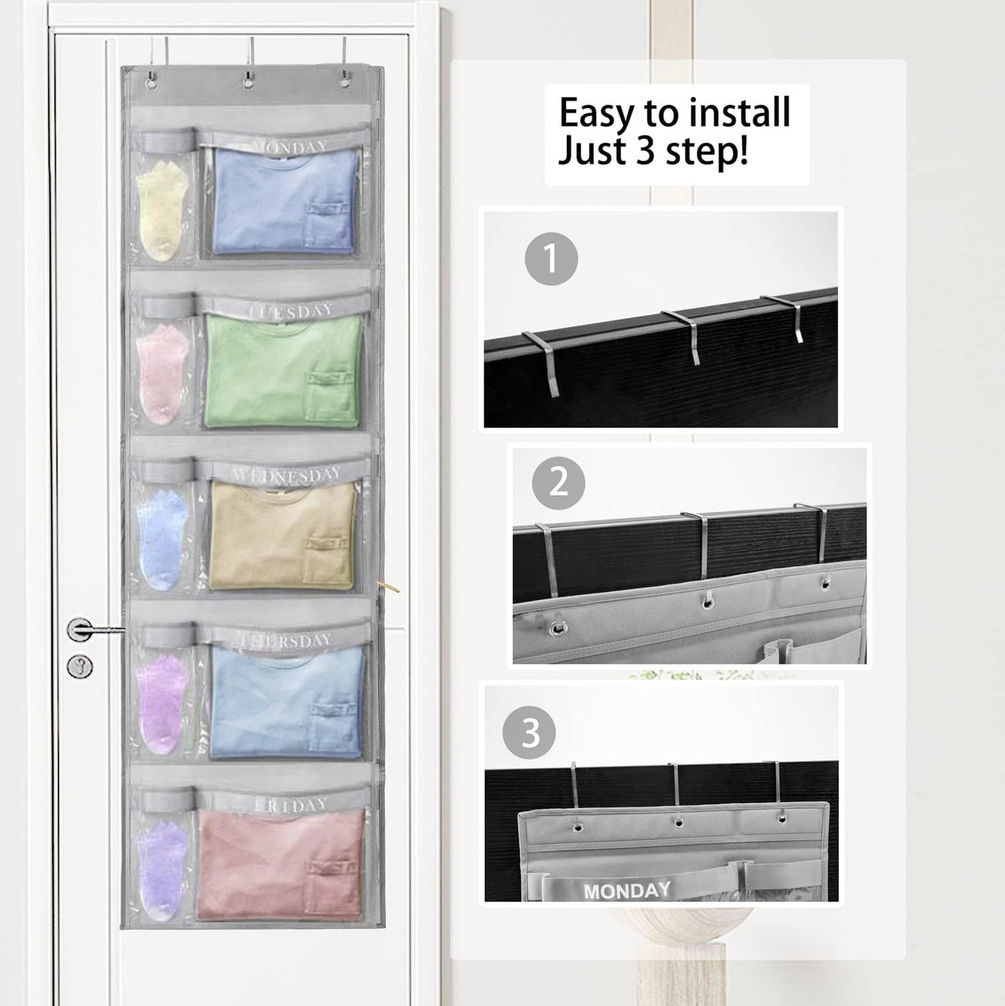 RUIPBOTE 2 Pack Weekly Kids Clothes Organizer – Day of the Week Hanging Closet Storage for School Outfits, Kids’ Wardrobe Organizer with Labels for Monday to Friday (2)