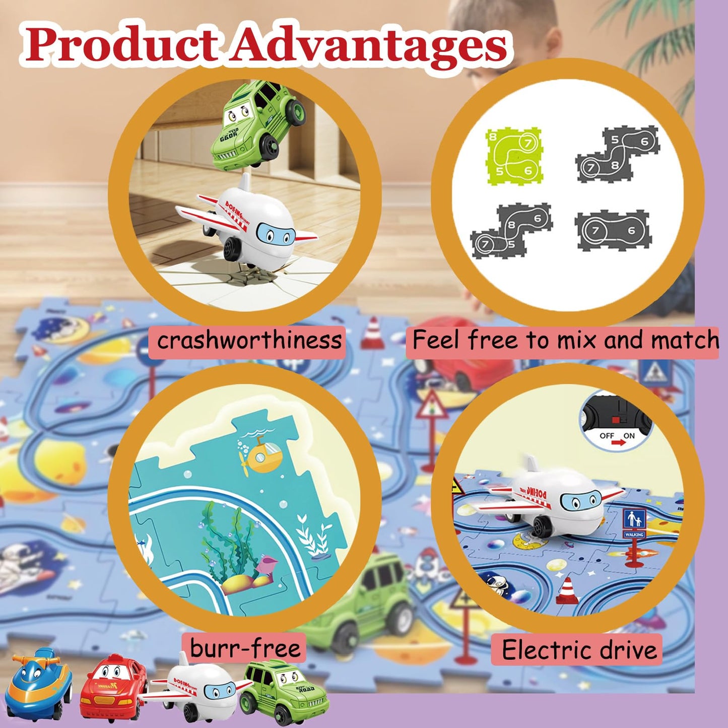 Ubegger Puzzle Racer Kids Car Track Set Educational Puzzle Track Car Play Set Rail Car Puzzle with Battery-Operated Toy Vehicle & Puzzle Board for Kids Ages 3+ (5PCS, 4 Style)