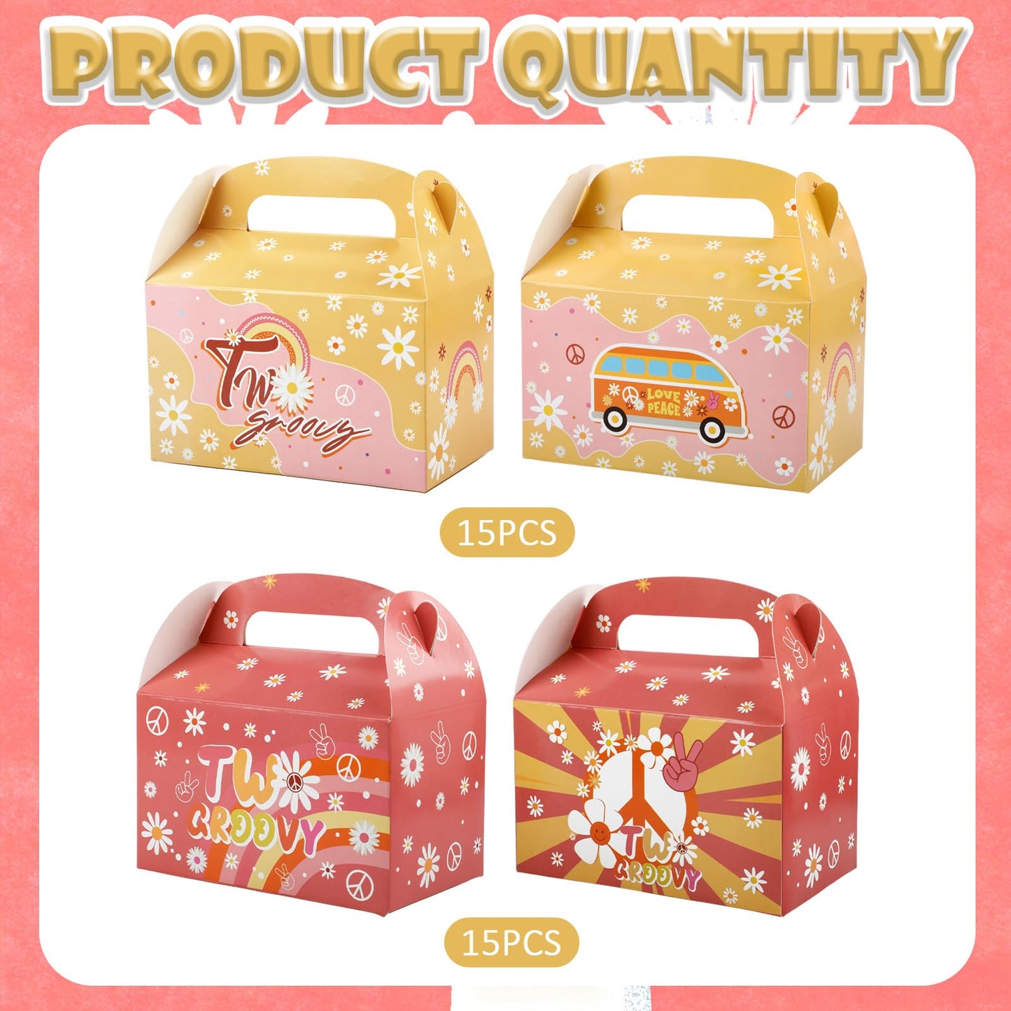 Sumalon 30 Pcs Party Favor Boxes With Handles, 6.3 Inch Foldable Paper Treat Boxes Candy Boxes, Gift Boxes Goodies Boxes for Birthday, Shower, Wedding, Party Supplies Decorations (Daisy)