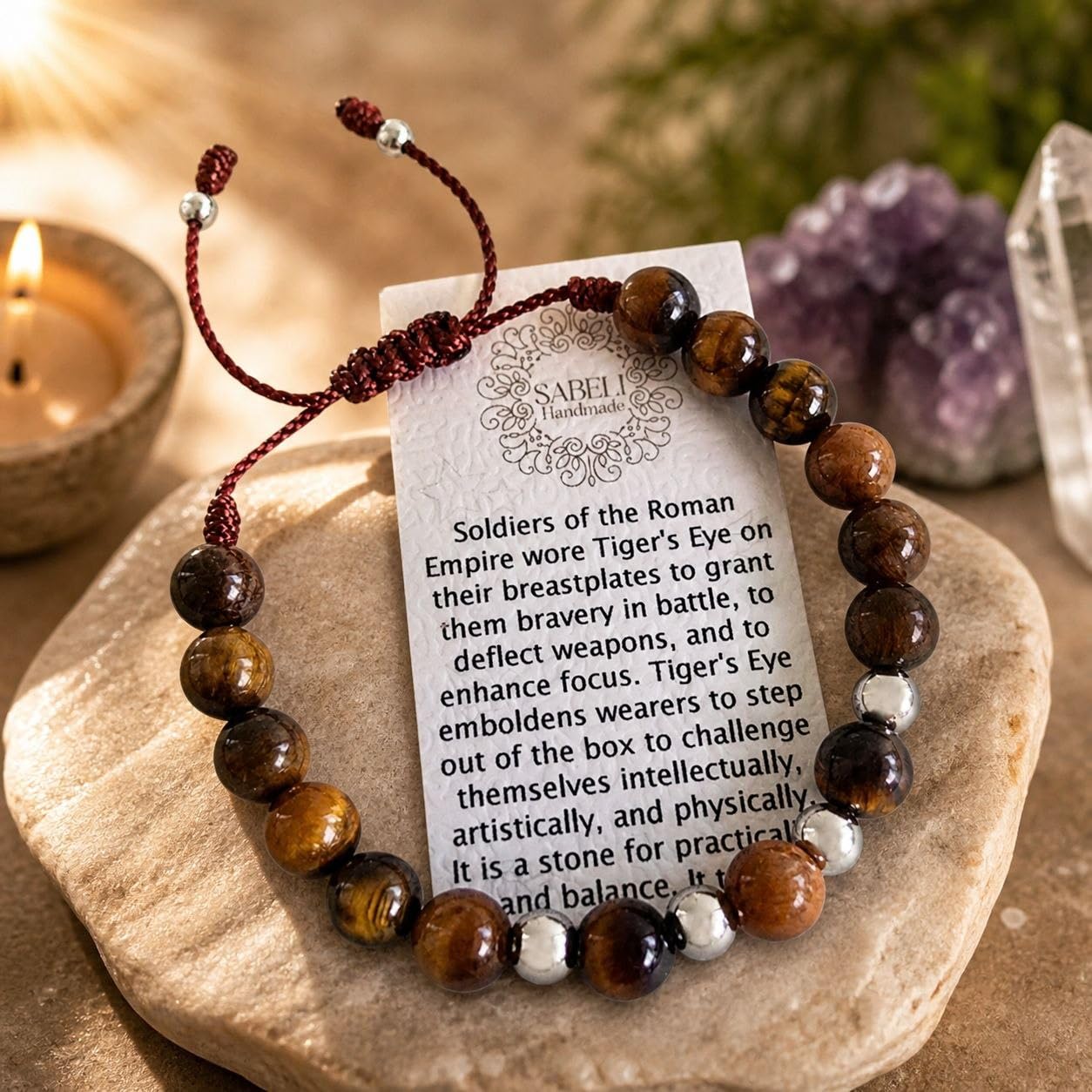 Sabeli Handmade Tiger's Eye Natural Stone Bracelet 8mm Gemstone Focus and Balance Crystal Beaded Adjustable Men and Women Gift