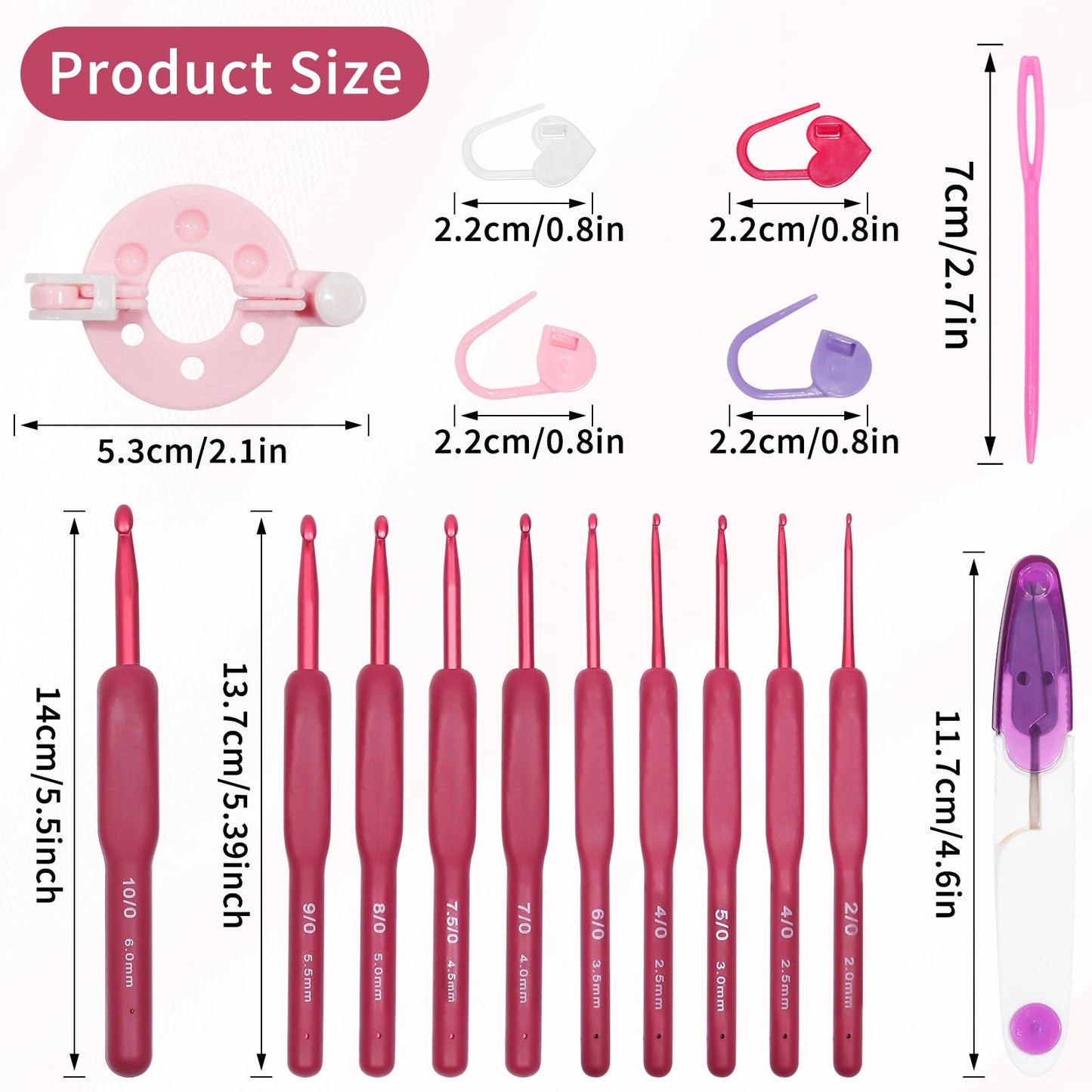 VASTRISE 34PCS Crochet Hooks Set,9 Sizes 2.5-6 mm Red Gradient Aluminum Ergonomic Soft Handle Crochet with Case and Crochet Kit for Beginners Adults for Arthritic Hands Crochet Needle Set (Red)