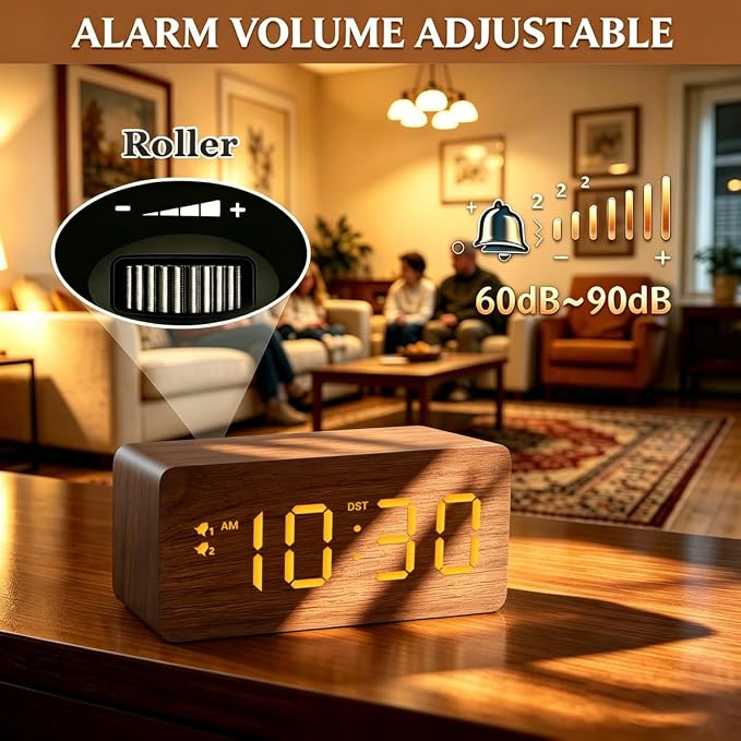 URAYCO Wood Digital Alarm Clock with 10W Fast Wireless Charger, USB Charging Ports, DST, Dimmable, Snooze, Large Number LED Display for Bedrooms, Desk, Living Room Table, Bedside, Nightstand (Brown)