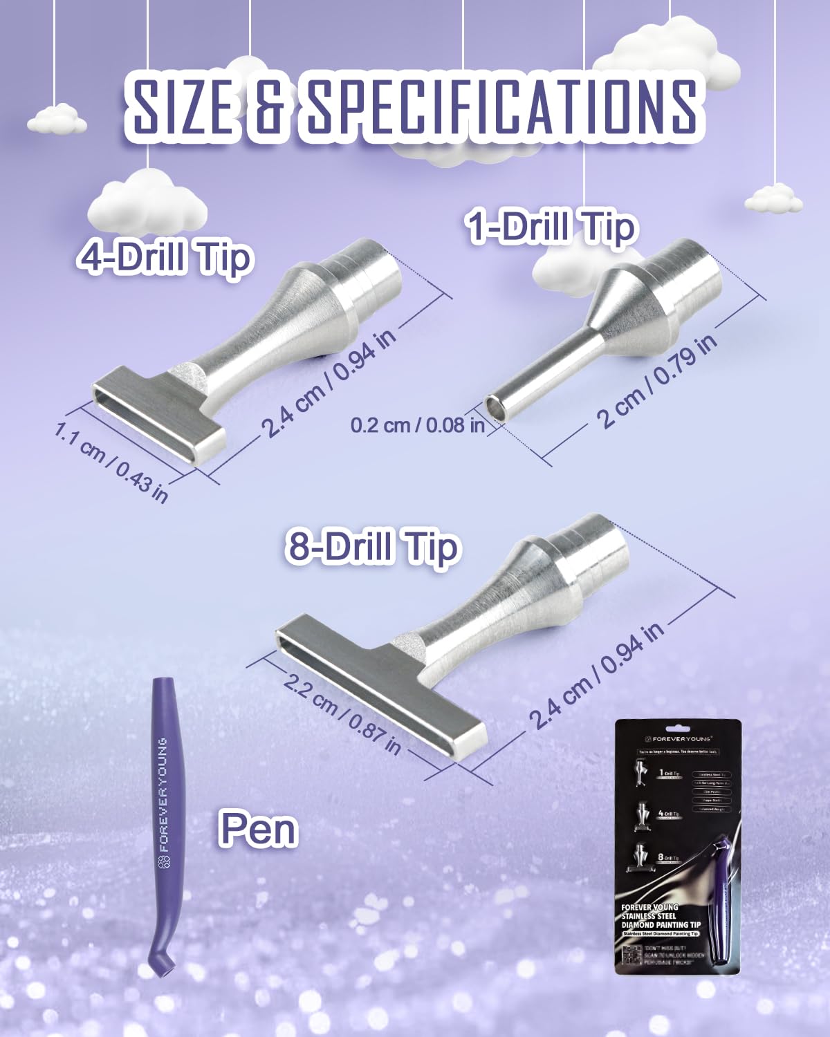 ForeverYoung Stainless Steel Diamond Painting Pen Tips Kit, Unbreakable, Shape-Stable, Thin, Diamond Art Accessories and Tools, Multi-Size Drill Placement, Includes Pen and Three Drill Tips (1&4&8)