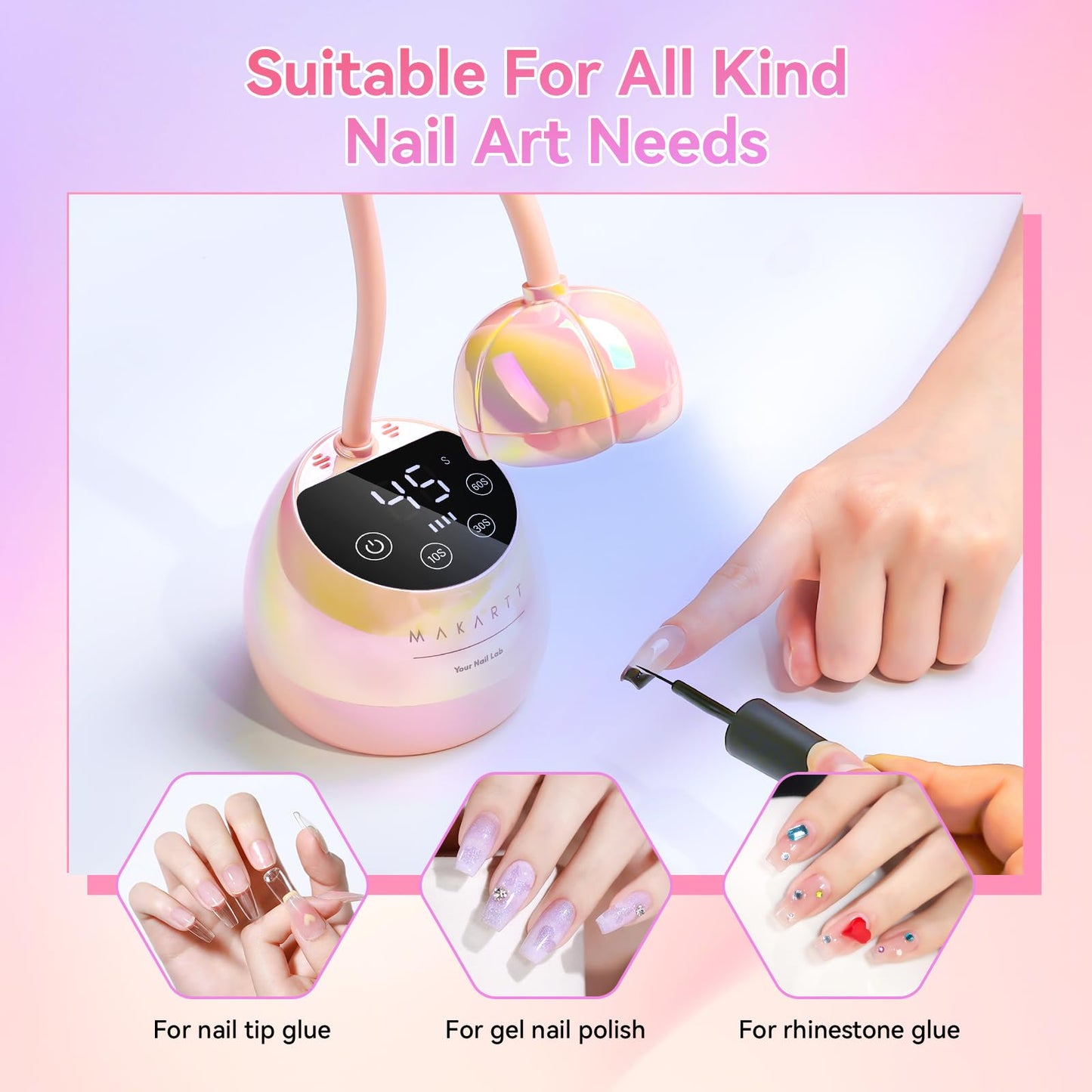 Makartt UV LED Nail Lamp - Gooseneck UV Light for Nails Cordless Rechargeable USB 39mW/cm² Dryer LED Lamp with Auto Sensor 4 Timer Settings Fast Curing for Nail Art Polish (Glazed Pink)