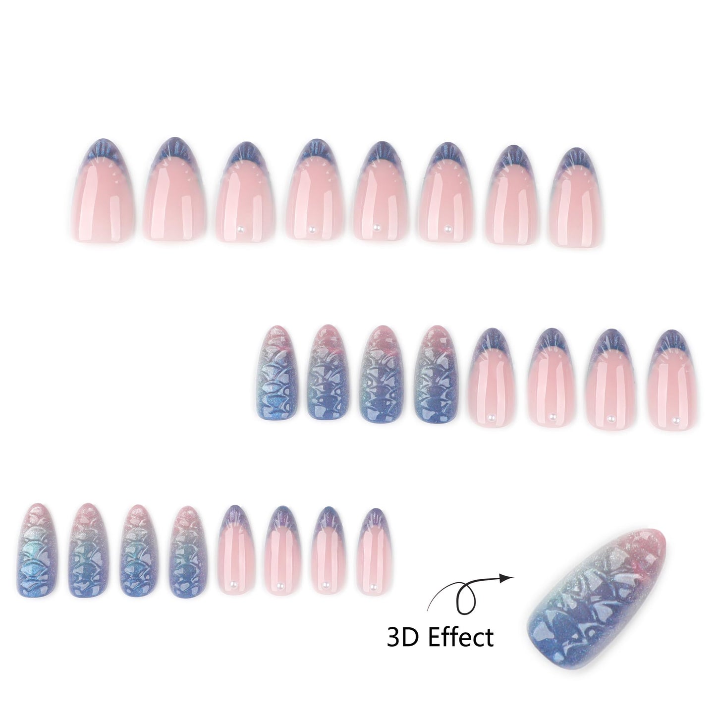 Almond Press On Nails Medium, 24PCS Iridescent 3D Mermaid Scale Acrylic Fake Nails, Gradient Pink Purple Stick On Nails for Women, Reusable Glossy False Nails for Party, Wedding