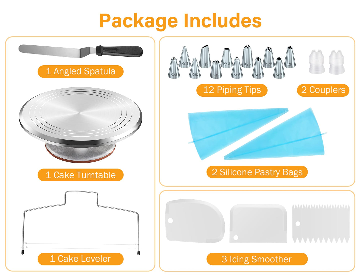 Kootek 22pcs Cake Decorating Supplies Kit, Baking Tools with 12" Aluminium Cake Turntable Rotating Cake Stand, Piping Bags and Tips Set, Icing Spatula, Cake Leveler, 3 Icing Scrapers for Mother's Day