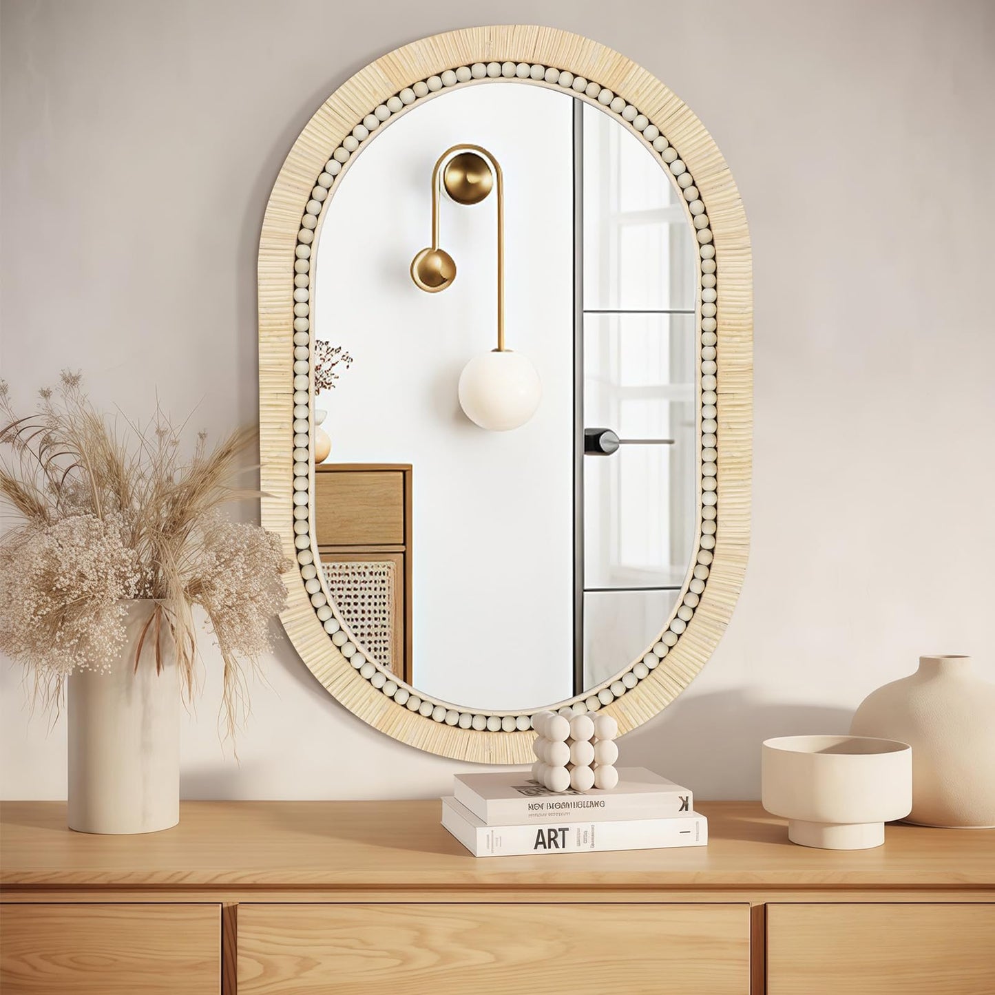 ULIKE Rattan Mirror for Bathroom, 24x36 Inch Oval Rustic Farmhouse Wall Decor with Handmade Wicker Frame, Boho Mirror for Nursery Bedroom Living Room Entryway
