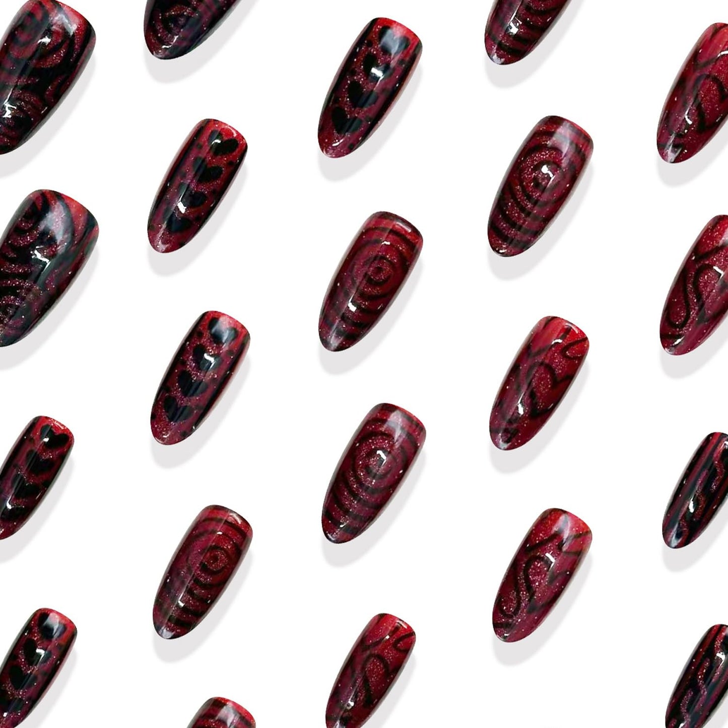 30Pcs Valentines Red Press on Nails Medium Almond Fake Nails Black Rose Flower Heart Designs Stripe False Nails Red Glitter Full Cover Glossy Festive Gel Acrylic Glue on Nails for Women Manicure Decor