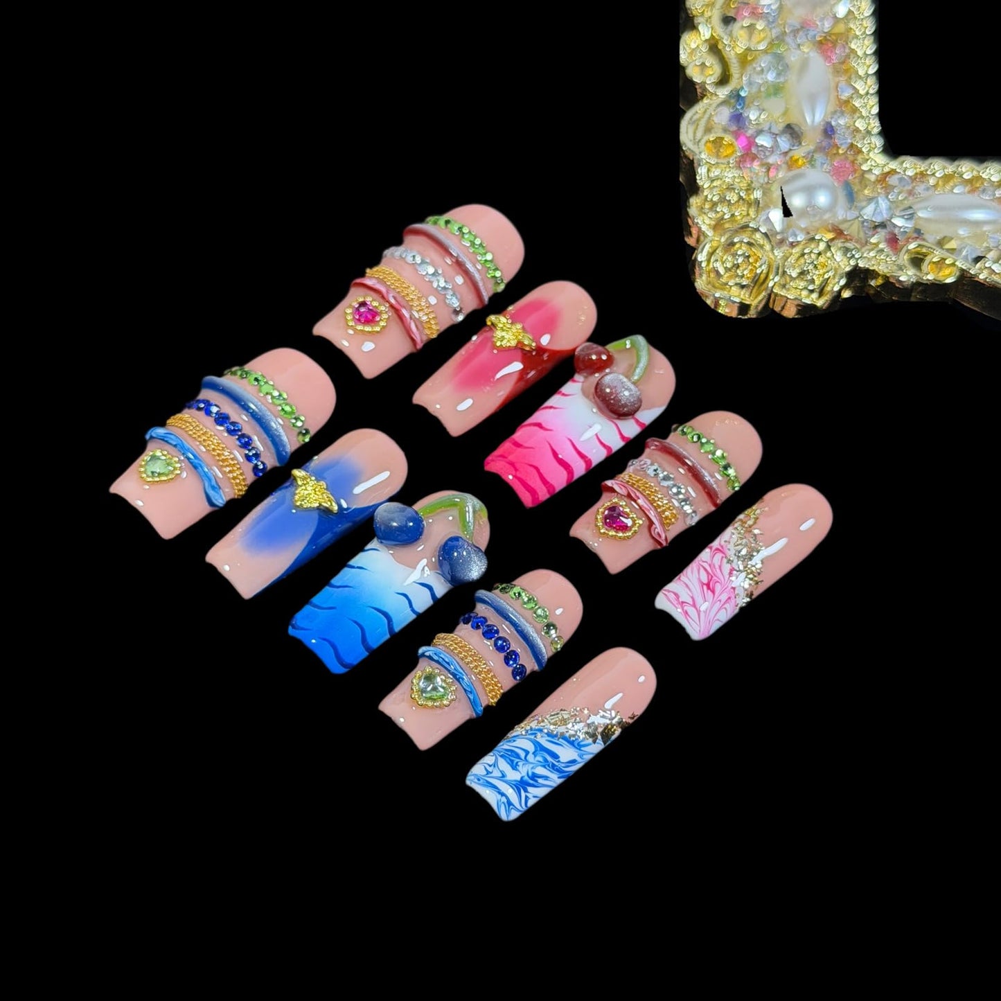 3D Cherry Handcrafted Press On Nails, Long/Medium Square, Gradient & Marble Accents, Reusable Acrylic False Nails, Duo-Tone (L)