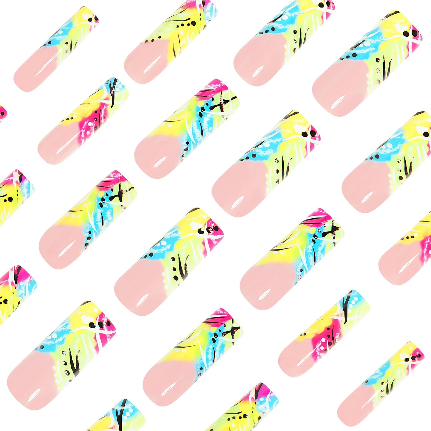 MISUD Press on Nails - Long Square Fake Nails with Summer Colorful, Acrylic Rainbow French Tip Design 24 pcs