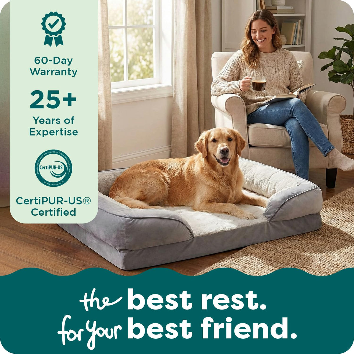 Furhaven Orthopedic Dog Bed for Large Dogs w/ Removable Bolsters & Washable Cover, For Dogs Up to 95 lbs - Plush & Velvet Waves Perfect Comfort Sofa - Granite Gray, Jumbo/XL