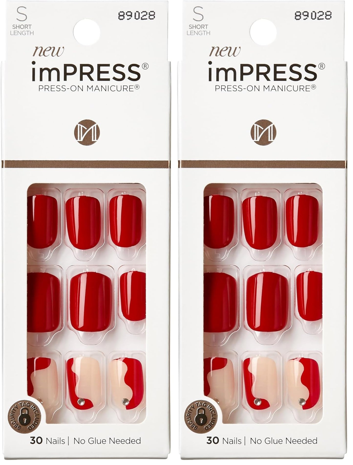 KISS imPRESS No Glue Mani Press On Nails, Design, 'Adore You', Red, Short Size, Squoval Shape, Includes 30 Nails, Prep Pad, Instructions Sheet, 1 Manicure Stick, 1 Mini File (Pack of 2)