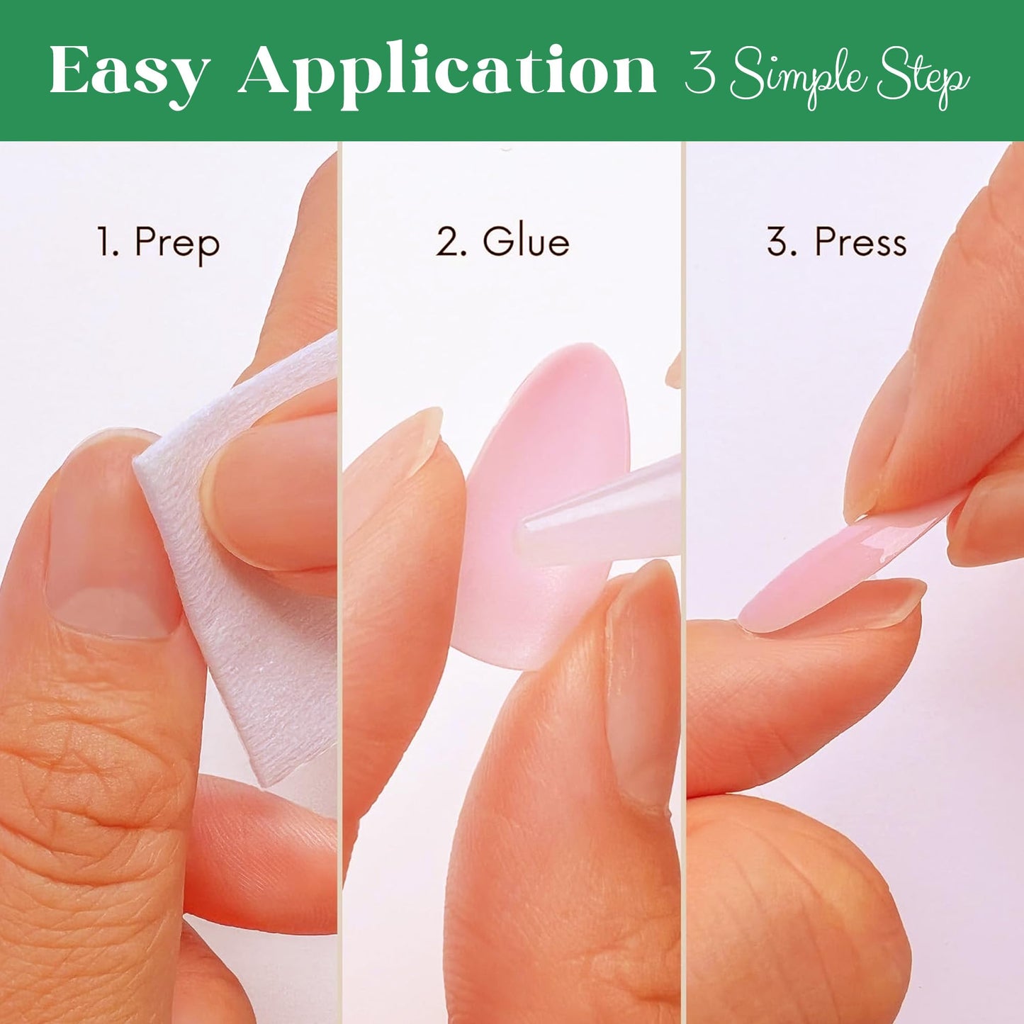 Glossy Green Press On Nails – Almond Shape, Medium Length, 24 PCS Fake Nails with Nail File & Glue Tabs, Reusable ABS Material