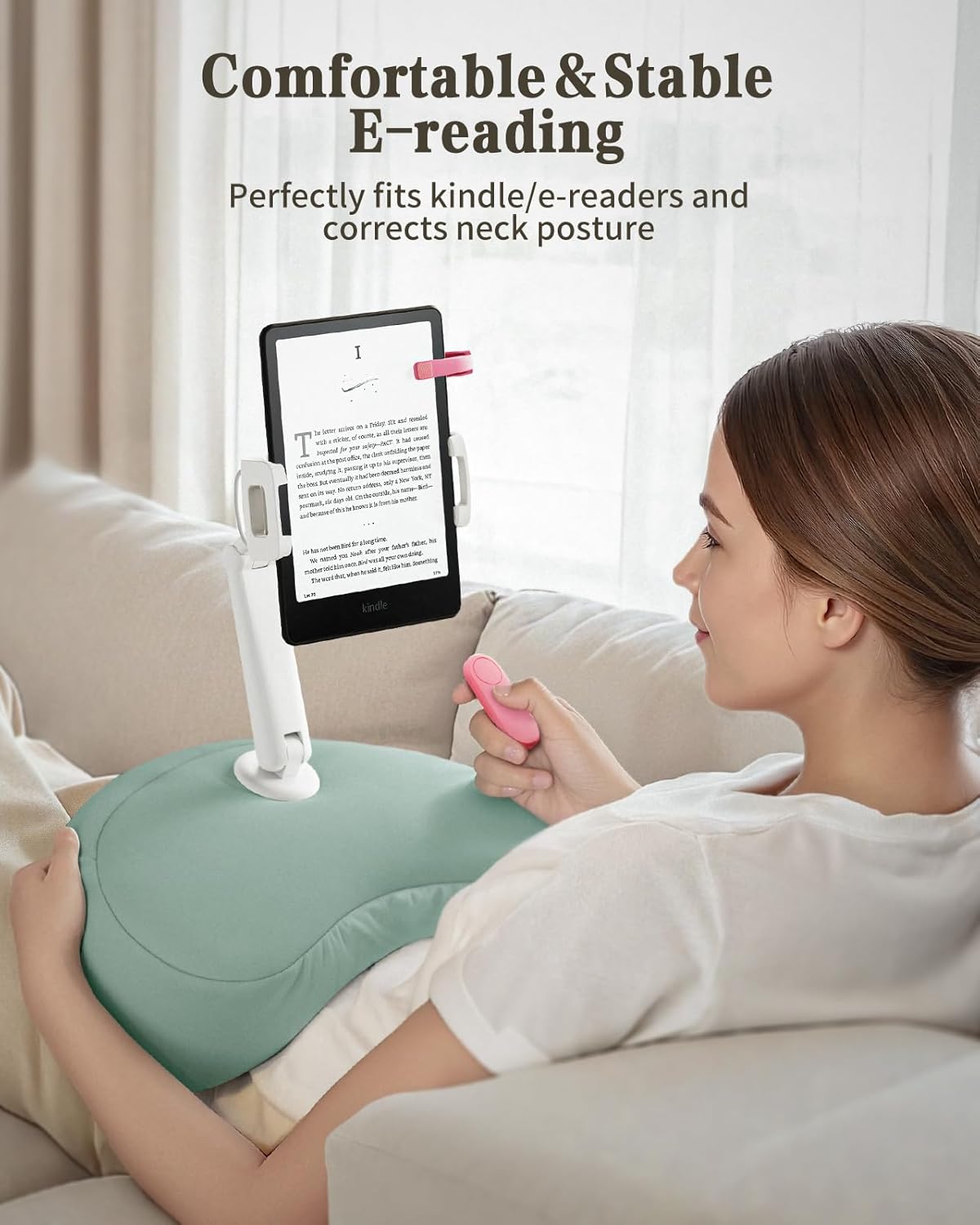 SAIJI Kindle Pillow Stand, iPad Stand Compatible with 4.7”-15.6” Kindle, Phone, iPad, 360° Adjustable Tablet Holder for Bed with Flexible Dual Axis Arm and Microbead Cushion (Cyan)