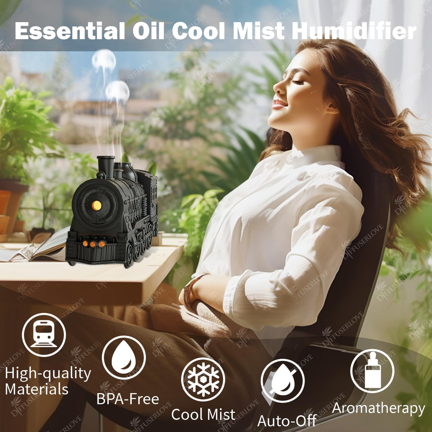 Diffuserlove Train Diffuser 300ML Essential Oil Diffuser Cool Mist Humidifier Aroma Diffuser with Night Light for Bedroom Desk Black