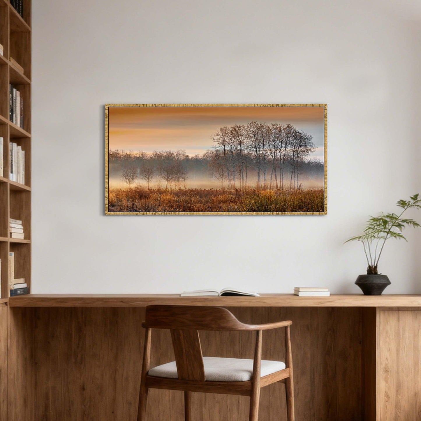 Misty Forest Framed Wall Art: Sunset Landscape Canvas Picture Rustic Woodland Scenery Painting Wilderness Artwork Prints for Living Room