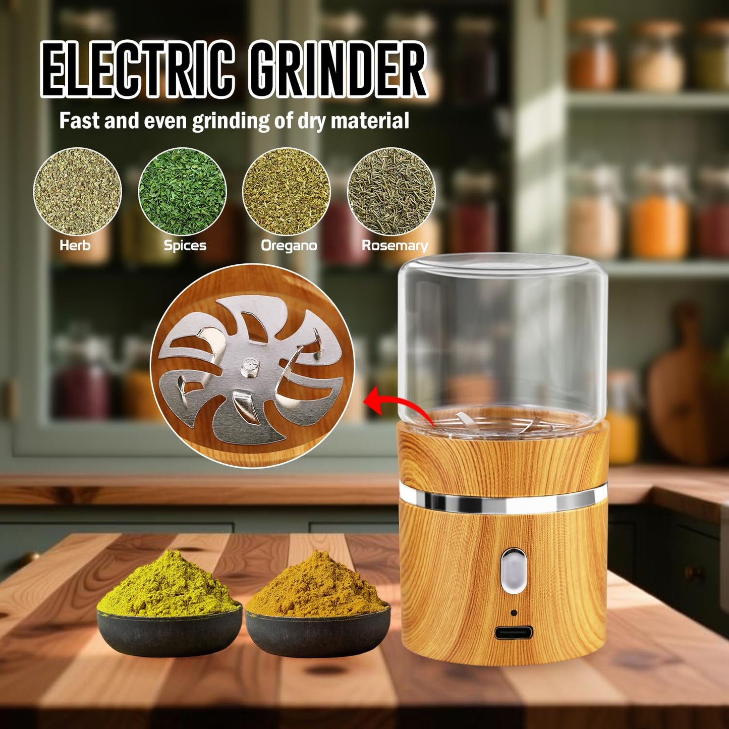 Electric Herb Grinder, Electric Spice Grinders Mini Size 2inx3.5inches with 2pcs 1.7oz/50ml Glass Jar Rechargeable Automatic Herb Grinder